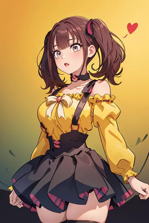 (masterpiece, best quality), 1girl,  <lora:LeeRoha:1> leeroha, twintails,yellow shirt,frilled shirt,off-shoulder shirt,puffy short sleeves,heart choker,suspenders,bow,black skirt,high-waist skirt,thighhighs,