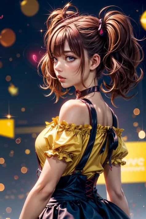 (ultra realistic,32k, masterpiece:1.2),(high detailed skin:1.1),( high quality:1.1),
<lora:LeeRoha:0.8>leeroha,twintails,yellow shirt,frilled shirt,off-shoulder shirt,puffy short sleeves,heart choker,suspenders,bow,black skirt,high-waist skirt,thighhighs,(looking at viewer, Bend forward:1.1),, (huge breast:0.9),<lora:add_detail:0.98>,(upper body:1.1),
(glowwave:1.1), blank background , blurry background,