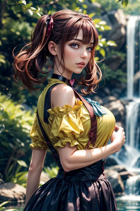 (ultra realistic,32k, masterpiece:1.2),(high detailed skin:1.1),( high quality:1.1),
<lora:LeeRoha:0.8>leeroha,twintails,yellow shirt,frilled shirt,off-shoulder shirt,puffy short sleeves,heart choker,suspenders,bow,black skirt,high-waist skirt,thighhighs,(looking at viewer, Bend forward:1.1),, (huge breast:0.9),<lora:add_detail:0.91>,(upper body:1.1),
(tenebrism:1.1), enchanted cascade, cascading magic, ethereal waters, enchanting waterfall , blurry background,