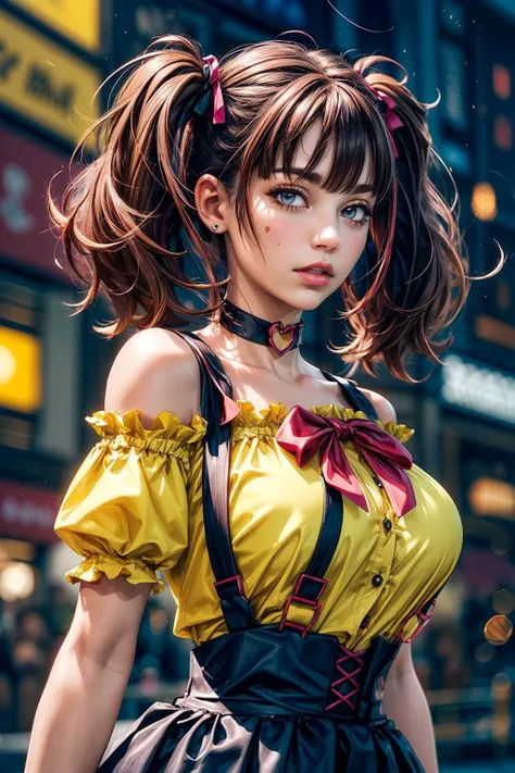 (ultra realistic,32k, masterpiece:1.2),(high detailed skin:1.1),( high quality:1.1),
<lora:LeeRoha:0.8>leeroha,twintails,yellow shirt,frilled shirt,off-shoulder shirt,puffy short sleeves,heart choker,suspenders,bow,black skirt,high-waist skirt,thighhighs,(looking at viewer, portrait:1.1),, (huge breast:0.9),<lora:add_detail:0.86>,(upper body:1.1),
(neon light:1.1), A place with everything made of wood with a little paint peeling off and lots of ingrown tribal details , blurry background,