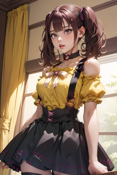 (masterpiece, best quality), 1girl,  <lora:LeeRoha:1> leeroha, twintails,yellow shirt,frilled shirt,off-shoulder shirt,puffy short sleeves,heart choker,suspenders,bow,black skirt,high-waist skirt,thighhighs,