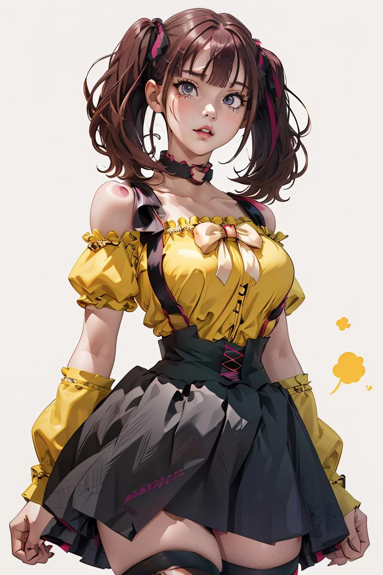 (masterpiece, best quality), 1girl,  <lora:LeeRoha:1> leeroha, twintails,yellow shirt,frilled shirt,off-shoulder shirt,puffy short sleeves,heart choker,suspenders,bow,black skirt,high-waist skirt,thighhighs,