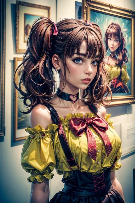 (ultra realistic,32k, masterpiece:1.2),(high detailed skin:1.1),( high quality:1.1),
<lora:LeeRoha:0.8>leeroha,twintails,yellow shirt,frilled shirt,off-shoulder shirt,puffy short sleeves,heart choker,suspenders,bow,black skirt,high-waist skirt,thighhighs,(looking at viewer, portrait:1.1),, (huge breast:0.9),<lora:add_detail:0.9>,(upper body:1.1),
(glowwave:1.1), art gallery, curated exhibits, contemporary masterpieces, cultural , blurry background,