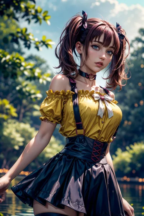 (ultra realistic,32k, masterpiece:1.2),(high detailed skin:1.1),( high quality:1.1),
<lora:LeeRoha:0.8>leeroha,twintails,yellow shirt,frilled shirt,off-shoulder shirt,puffy short sleeves,heart choker,suspenders,bow,black skirt,high-waist skirt,thighhighs,(looking at viewer, standing, from below:1.1),, (huge breast:0.9),<lora:add_detail:0.75>,(upper body:1.1),
(dynamic lighting:1.1), twilight haven, twilight skies, tranquil waters, realm of mythical creatures , blurry background,