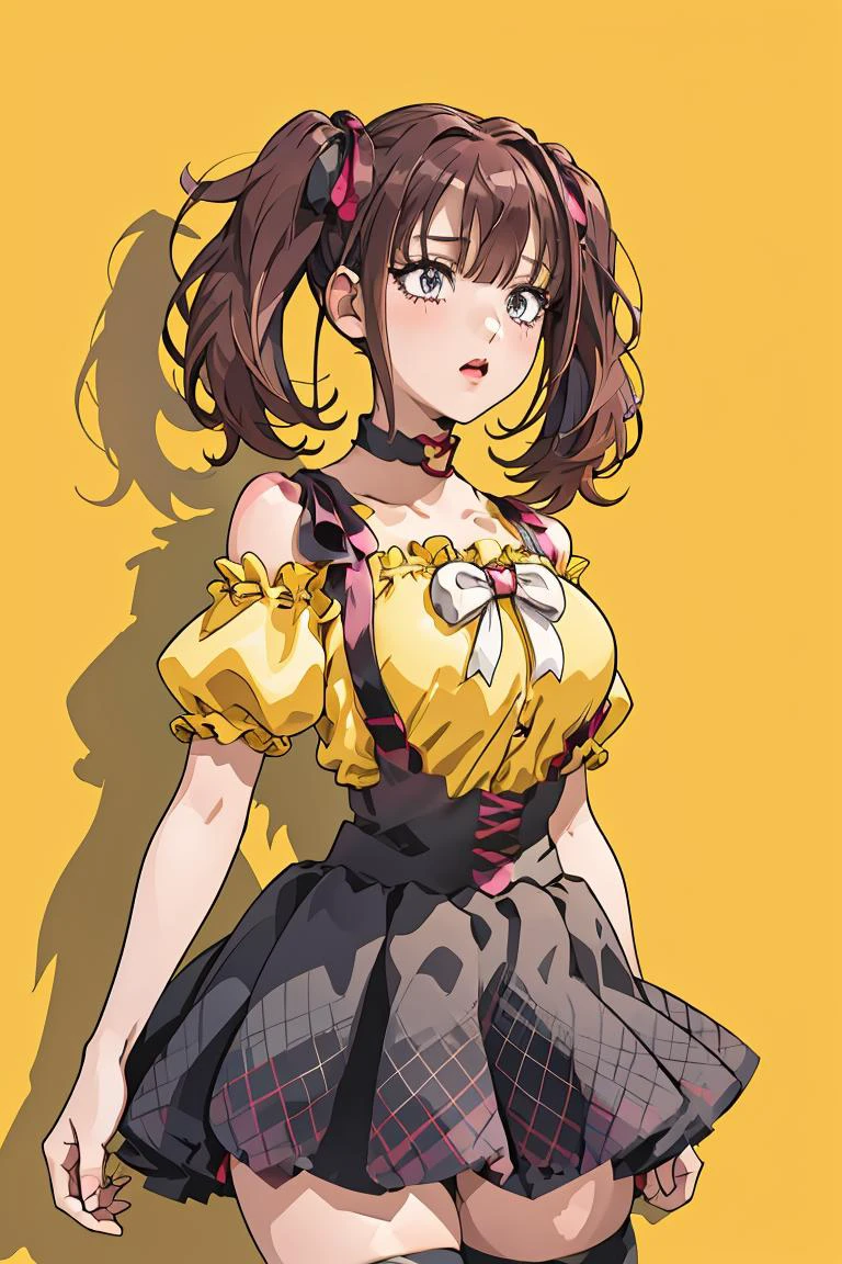 (masterpiece, best quality), 1girl, <lora:LeeRoha:1> leeroha, twintails,yellow shirt,frilled shirt,off-shoulder shirt,puffy short sleeves,heart choker,suspenders,bow,black skirt,high-waist skirt,thighhighs,