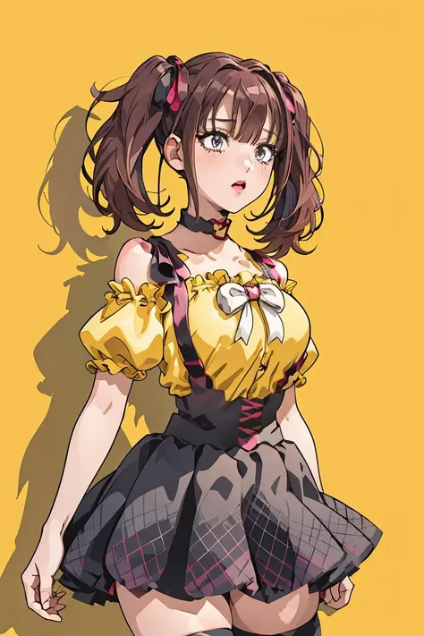 (masterpiece, best quality), 1girl,  <lora:LeeRoha:1> leeroha, twintails,yellow shirt,frilled shirt,off-shoulder shirt,puffy short sleeves,heart choker,suspenders,bow,black skirt,high-waist skirt,thighhighs,