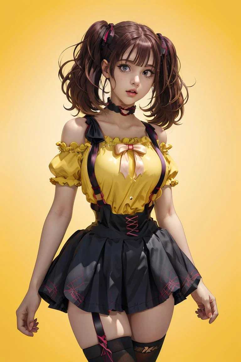 (masterpiece, best quality), 1girl, <lora:LeeRoha:1> leeroha, twintails,yellow shirt,frilled shirt,off-shoulder shirt,puffy short sleeves,heart choker,suspenders,bow,black skirt,high-waist skirt,thighhighs,