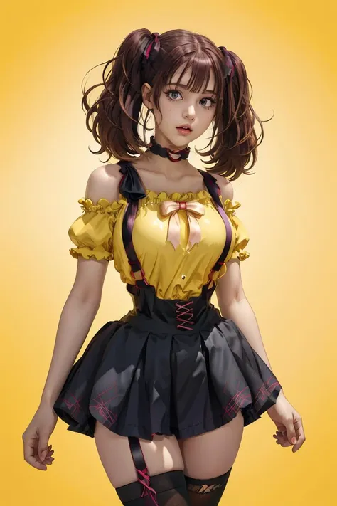 (masterpiece, best quality), 1girl,  <lora:LeeRoha:1> leeroha, twintails,yellow shirt,frilled shirt,off-shoulder shirt,puffy short sleeves,heart choker,suspenders,bow,black skirt,high-waist skirt,thighhighs,