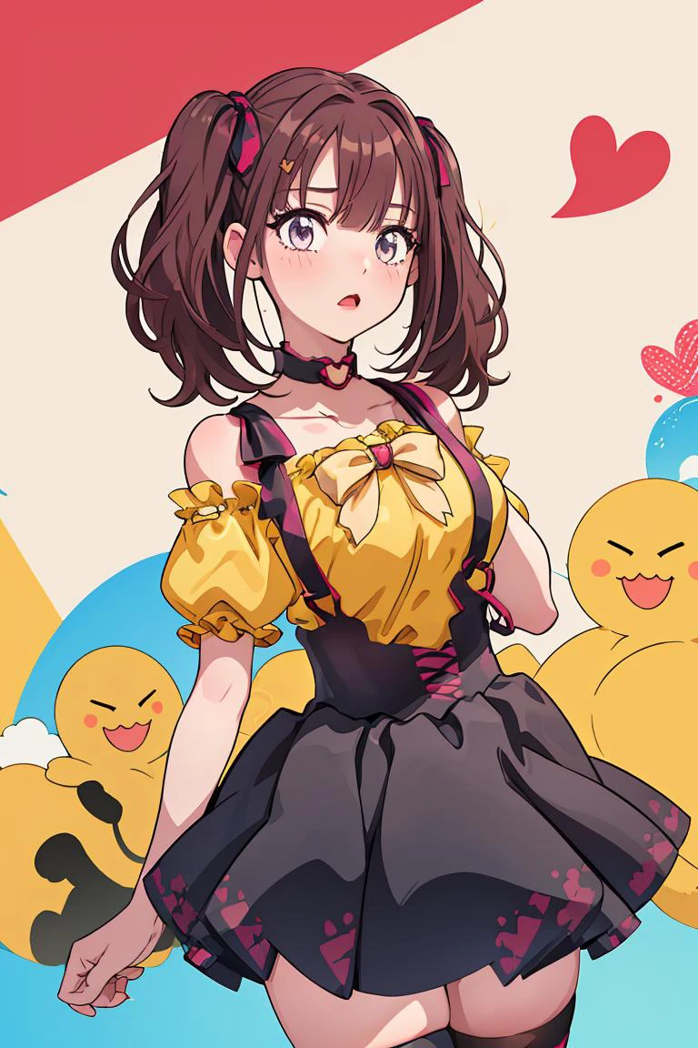 (masterpiece, best quality), 1girl, <lora:LeeRoha:1> leeroha, twintails,yellow shirt,frilled shirt,off-shoulder shirt,puffy short sleeves,heart choker,suspenders,bow,black skirt,high-waist skirt,thighhighs,