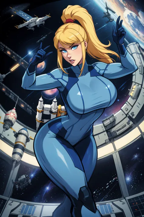 thick outlines, comics, photorealistic, 1girl, solo, full body shot, dynamic pose, samus, zero suit, blue eyes, ponytail, gun, inside of a spaceship, futuristic, detailed background, detailed face, detailed eyes,
