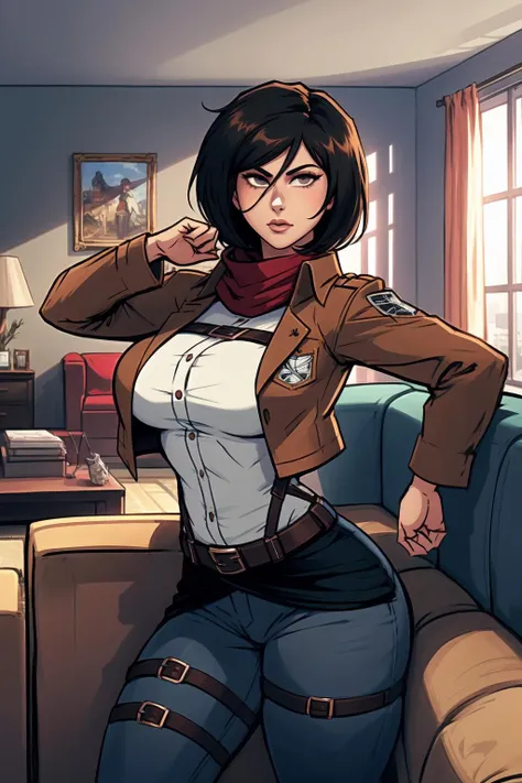 A woman in a brown jacket and jeans sitting on a couch - SeaArt AI