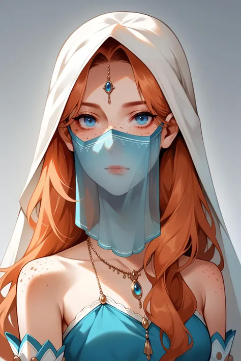 score_9, score_8_up, 1girl, solo, <lora:NSMeiPortia:1> NSMeiPortia, long hair, blue eyes, freckles, orange hair, (veil, mouth veil), detached sleeves, crop-top