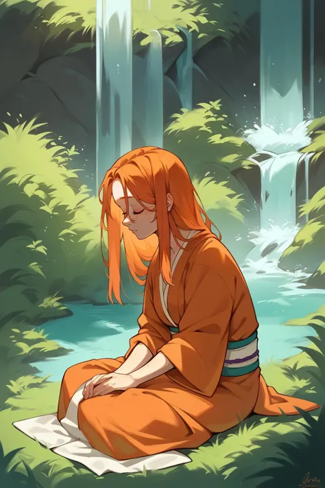 score_9, score_8_up, 1girl, solo, <lora:NSMeiPortia:1> NSMeiPortia, long hair, freckles, orange hair, kimono, meditating, waterfall, eyes closed, sitting