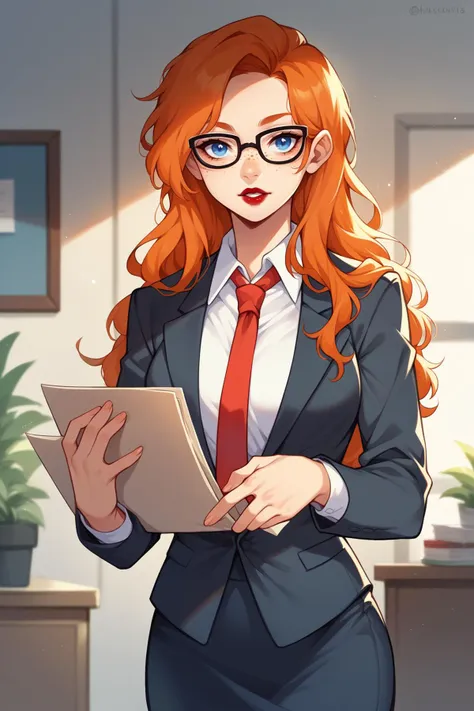 score_9, score_8_up, 1girl, solo, <lora:NSMeiPortia:1> NSMeiPortia, long hair, blue eyes, freckles, lipstick, orange hair, glasses, formal suit, red necktie, cowboy shot, office