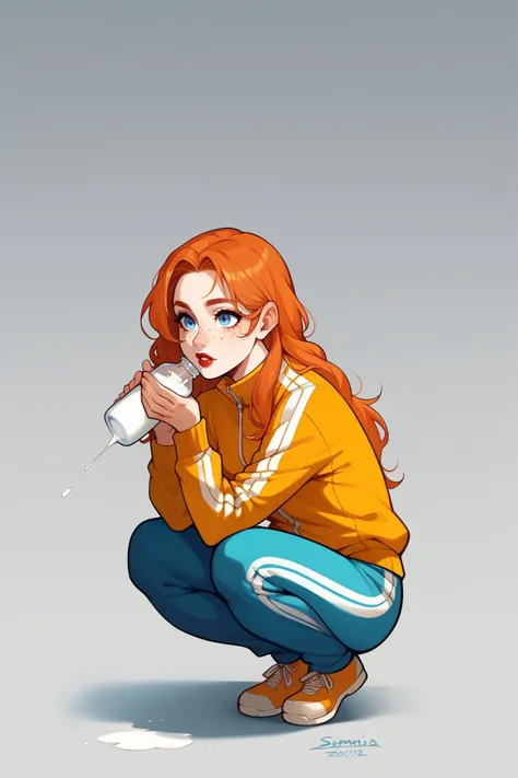 score_9, score_8_up, 1girl, solo, <lora:NSMeiPortia:1> NSMeiPortia, long hair, blue eyes, freckles, lipstick, orange hair, tracksuit, squatting, milk bottles