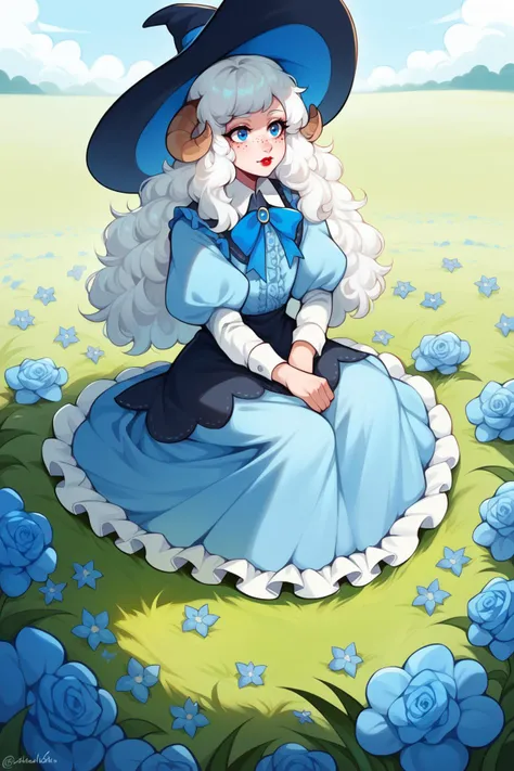 score_9, score_8_up, 1girl, solo, <lora:NSMeiPortia:1> NSMeiPortia, long hair, blue eyes, freckles, lipstick, white hair, witch hat, light blue dress, frilled dress, puffy sleeves, ribbons, sitting, flower field, blue flowers, sheep girl, sheep horns