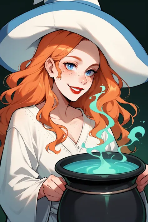 score_9, score_8_up, 1girl, solo, <lora:NSMeiPortia:1> NSMeiPortia, long hair, blue eyes, freckles, lipstick, orange hair, witch hat, white robe, cauldron, dark forest, dark green background, smile