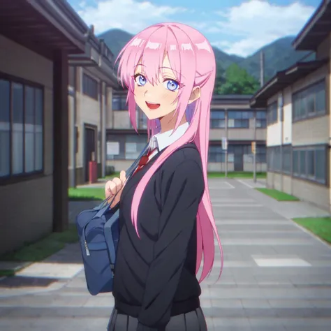 masterpiece,highres,high quality,extremely detailed,solo,
<lora:MicchonShikimori001:0.7>,smile,open mouth,
MicchonShikimori,1girl,
long hair,
school uniform,blazer,collared shirt,
pleated skirt,
blur,blurry,landscape,from side,looking at viewer,town,school bag,looking back,