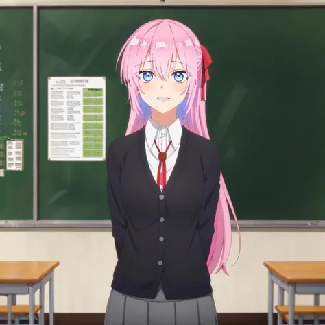 masterpiece,highres,high quality,extremely detailed,solo,school,classroom,
<lora:MicchonShikimori001:0.7>,looking at viewer,smile,parted lips,
MicchonShikimori,1girl,
long hair,hair ribbon,
school uniform,blazer,collared shirt,
pleated skirt,
