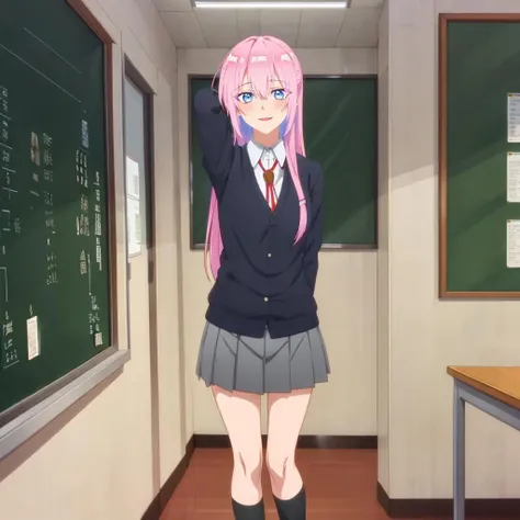 masterpiece,highres,high quality,extremely detailed,solo,school,classroom,
<lora:MicchonShikimori001:0.7>,looking at viewer,smile,parted lips,
MicchonShikimori,1girl,
long hair,half up,
school uniform,blazer,collared shirt,
pleated skirt,
full body,