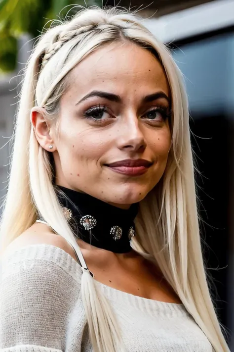 livm1 piercing eyes, looking straight, very happy,long hair, wearing an off-shoulder sweater, choker, closeup portrait, in a outdoor cafe in 2015, afternoon light