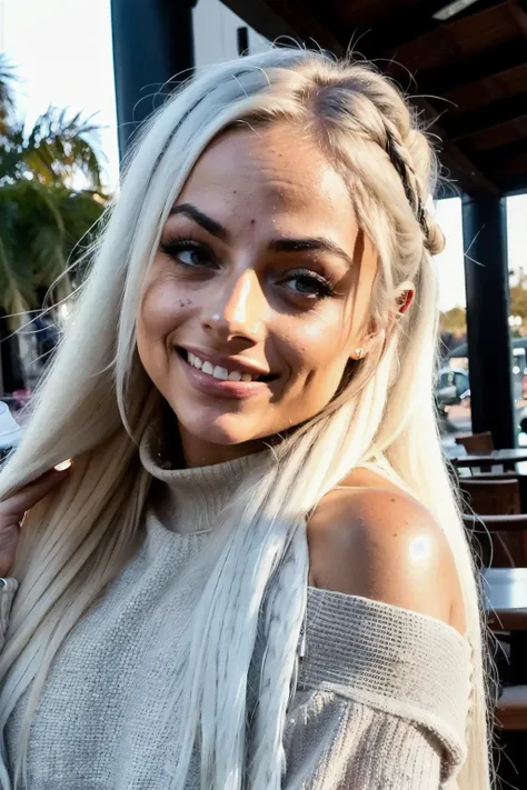 livm1 piercing eyes, looking straight, very happy,long hair, wearing an off-shoulder sweater, choker, closeup portrait, in a outdoor cafe in 2015, afternoon light
