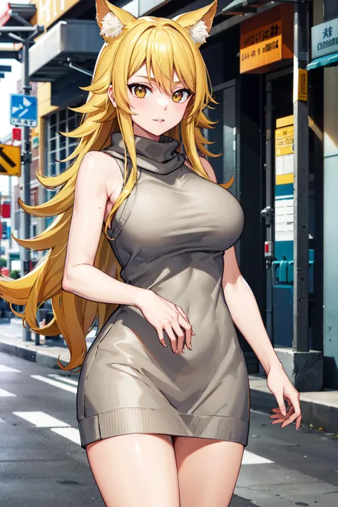 masterpiece, best quality, highres, aaleone, long hair, animal ears, large breasts, <lora:leone_v1:0.7>, sleeveless, sweater dress, street, standing