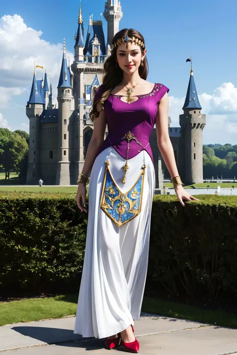princess zelda, brown hair, blue eyes, dress, jewellery, outdoors, castle looking at viewer, smiling, full body shot,
hdr, extreme detail, beautiful quality, depth of field,
<lora:Zelda_TP_v1:.8>