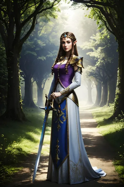 princess zelda, brown hair, blue eyes, dress, jewellery, outdoors, castle looking at viewer, serious, full body shot
outside,magical forest, holding a sword, hdr, extreme detail, beautiful quality, depth of field,
<lora:Zelda_TP_v1:.8>