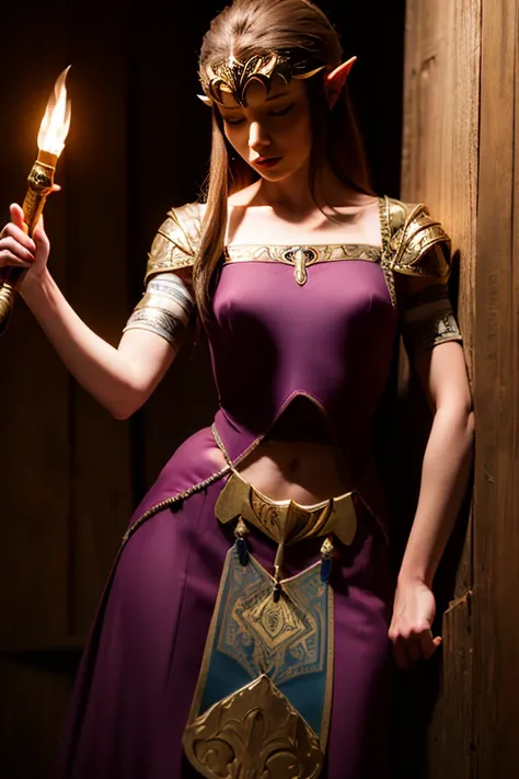 masterpiece, best_quality, solo, 1girl, young princess zelda, twpr, nintendo, the legend of zelda, in a dungeon, holding wooden torch, dramatic lighting, dark, dim lighting <lora:epiNoiseoffset_v2:1> <lora:zeldaTwilightPrincess_zeldaTPV1:0.8>