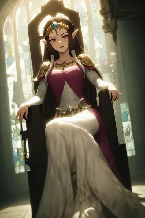 masterpiece, best_quality, 1girl, solo, princess zelda, twpr, nintendo, the legend of zelda, stained glass, throne, throne room,