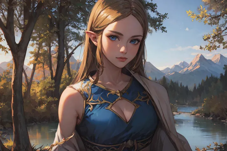 masterpiece, highres, photorealistic, best quality, 8k, best quality, ultra-detailed, perfect lighting, cinematic lighting, adult, mature, female, 1girl, solo, bed, outdoors, nature, trees, mountains, river, castle, <lora:CHAR-ZeldaV1:0.6>, princess zelda, nintendo, the legend of zelda, blue clothes, portrait, cleavage, small breasts, upper body, <lora:POSE-BreastFocus:0.7>, looking at viewer,