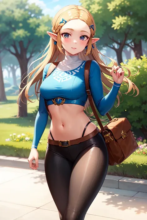 masterpiece, best_quality, 1girl, solo, princess zelda, nintendo, the legend of zelda, botw, blue shirt, black legwear, leggings, black pants