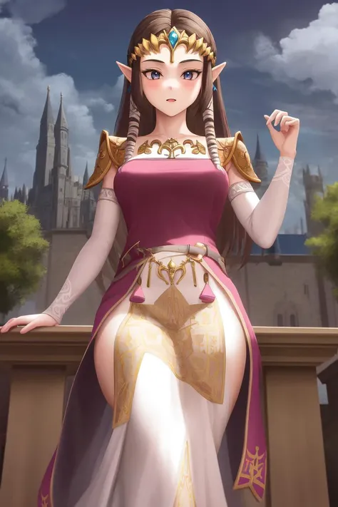 masterpiece, best_quality, 1girl, solo, princess zelda, twpr, castle