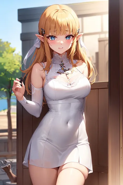 masterpiece,best quality,highres,ultra-detailed, 1 elf girl holding hands with elf boyfriend, tanned skin(female dark skin, white dress), castle background