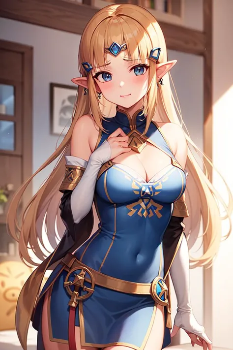 High resolution, Very detailed, perfect lighting, beautiful detailed eyes, ((masterpiece,Best Quality)), absurdities, alone, princess zelda, by the width, crown braid, Hair clip, pointy ears, Elegant navy blue shiny slim fit evening dress, Gloves without fingers, black gloves, smile, curves, deep neckline, deep neckline, Elegant navy blue shiny slim fit evening dress, Primer plano frontal, close up, close up