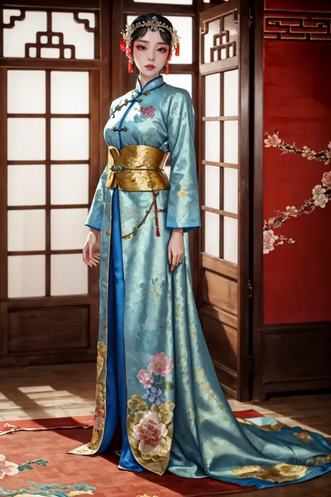 (realistic:1.3), finely detailed, quality, rembrandt lighting, (masterpiece:1.2), (photorealistic:1.2), (best quality), (detailed skin:1.3), (intricate details), dramatic, ray tracing, 1girl, japanese girl, 21 years old, detailed skin texture, (blush:0.5), (goosebumps:0.5), subsurface scattering, smiling, medium breasts, updo hair, bangs, hair between eyes, hair ornaments, (wearing Haute_Couture,edgHC_dress), edgEF, blue dress, long dress, golden embroidery, wearing edgEF eastern clothing, full body, (bright sunny day), <lyco:edgEasternFantasyCouture:1.0>