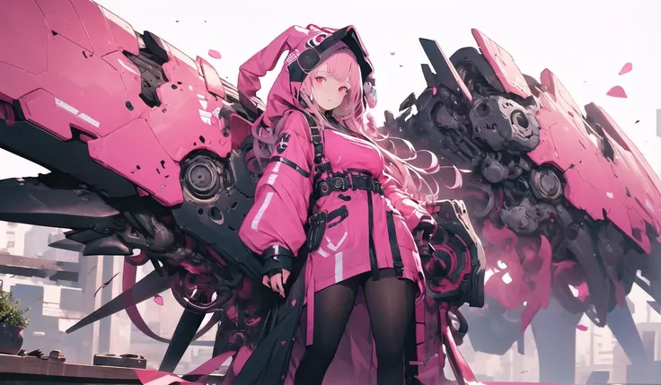 black mechanical wings, 1girl, solo, red eyes, long hair, looking at viewer, mecha musume, bangs, hood, breasts, pink hair, standing, gloves, hood up <lora:giganticmechanicalwings-pynoise-000010:1>