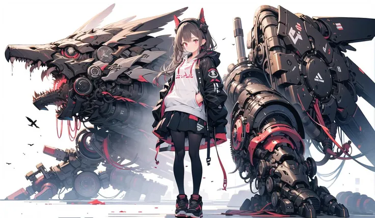 red mechanical wings, 1girl, red eyes, pantyhose, solo, long hair, skirt, jacket, black pantyhose, hood, shoes, headgear, pleated skirt, black skirt, long sleeves, standing, brown hair, bangs, gloves, white background, black jacket, looking at viewer, hoodie, open clothes, closed mouth, black footwear, black gloves <lora:giganticmechanicalwingsv3:1>