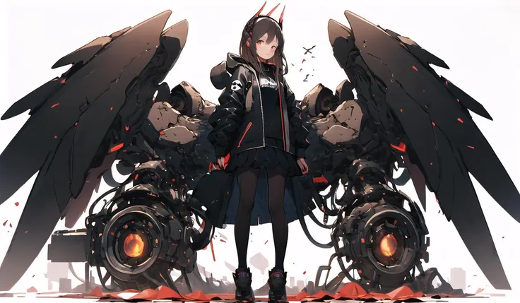 red mechanical wings, 1girl, red eyes, pantyhose, solo, long hair, skirt, jacket, black pantyhose, hood, shoes, headgear, pleated skirt, black skirt, long sleeves, standing, brown hair, bangs, gloves, white background, black jacket, looking at viewer, hoodie, open clothes, closed mouth, black footwear, black gloves <lora:giganticmechanicalwings-pynoise-000010:1>