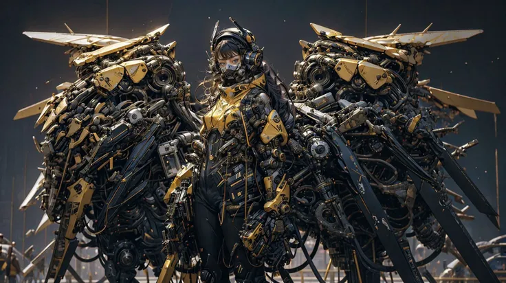 1girl, mecha, cyberbots, front, symmetry,  cowboy shot, golden theme,
space background, looking at viewer, 
 <lyco:GiganticBoosterWings:0.65> (golden mechanical wings),