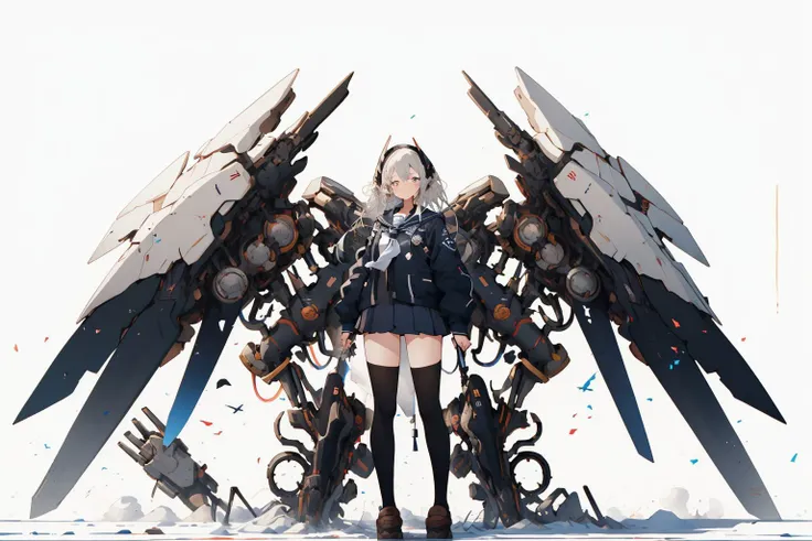 symmetrical  mechanical wings, 1girl, solo, school uniform,standing,  bangs, white background,  looking at viewer, open clothes,  <lora:GiganticBoosterWingsConcept:1>, (masterpiece, best quality, high quality, highres, ultra-detailed),