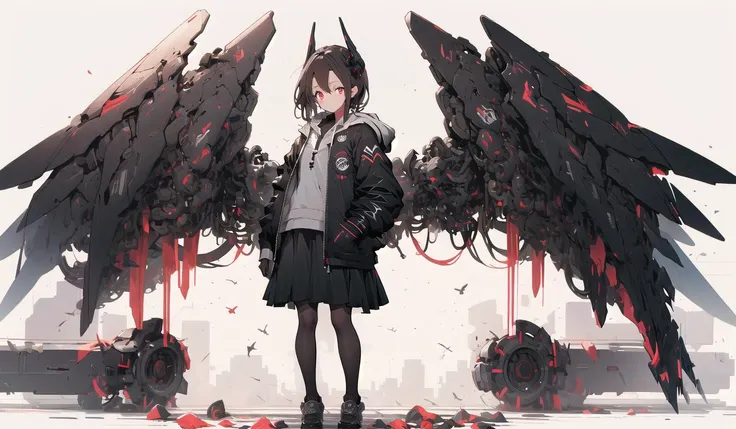 black mechanical wings, 1girl, red eyes, pantyhose, solo, long hair, skirt, jacket, black pantyhose, hood, shoes, headgear, pleated skirt, black skirt, long sleeves, standing, brown hair, bangs, gloves, white background, black jacket, looking at viewer, hoodie, open clothes, closed mouth, black footwear, black gloves<lora:giganticmechanicalwings-pynoise-000009:1>