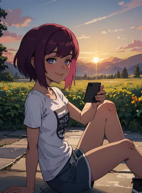 (nsfw:0.75), (4k, 8k, HDR, excellent quality, fine detail, masterpiece, high quality eyes, high detail painting, soft shadows, best character art:1.2), 1 girl, solo girl, small breasts, half nude, open clothes,tambry, short hair, purple hair, dark skin, t-shirt, shorts, sneakers, sitting, sitting on the ground, holding the phone, looking at the phone, smile, blush, forest, clear sky, sun, sunset, orange sky, <lora:tambry:0.6>