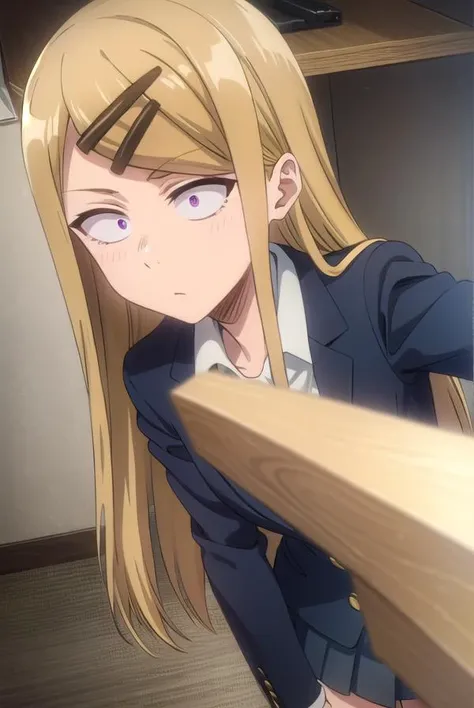 sayaendou, <lora:saya endou s2-lora-nochekaiser:1>,
saya endou, long hair, blonde hair, hair ornament, (brown eyes:1.5), hairclip, fang, wide-eyed, (constricted pupils:1.5), sanpaku,
BREAK skirt, shirt, hair ornament, school uniform, jacket, pleated skirt, socks, blazer,
BREAK indoors, classroom,
BREAK looking at viewer,
BREAK <lyco:GoodHands-beta2:1>, (masterpiece:1.2), best quality, high resolution, unity 8k wallpaper, (illustration:0.8), (beautiful detailed eyes:1.6), extremely detailed face, perfect lighting, extremely detailed CG, (perfect hands, perfect anatomy),