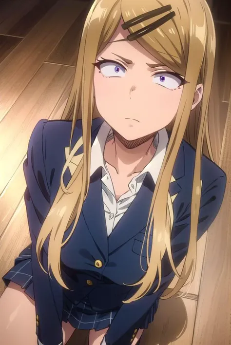 sayaendou, <lora:saya endou s2-lora-nochekaiser:1>,
saya endou, long hair, blonde hair, hair ornament, (brown eyes:1.5), hairclip, fang, wide-eyed, (constricted pupils:1.5), sanpaku,
BREAK skirt, shirt, hair ornament, school uniform, jacket, pleated skirt, socks, blazer,
BREAK indoors, classroom,
BREAK looking at viewer,
BREAK <lyco:GoodHands-beta2:1>, (masterpiece:1.2), best quality, high resolution, unity 8k wallpaper, (illustration:0.8), (beautiful detailed eyes:1.6), extremely detailed face, perfect lighting, extremely detailed CG, (perfect hands, perfect anatomy),