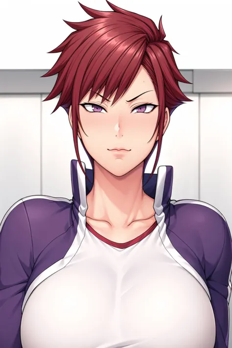 Simple White Background,
dynamic pose,standing at attention,
gym uniform,long sleeves,Purple Jacket, White Shirt, collarbone, cleavage, 
<lora:Yuuki_Mikage_SaiminSeishidou-KK77-V1:0.7>,
red eyes, red hair,bangs,short hair,
<lora:Oda_Non_Style-KK77-V2:0.3>,<lora:SaiminSeishidou_Lesson_Style-KK77-V1:0.1>,<lora:more_details:0.1>,
1 girl, 20yo,Young female,Beautiful long legs,Beautiful body,
Beautiful Nose,Beautiful character design, perfect eyes, perfect face,expressive eyes,perfect balance,
looking at viewer,(Focus on her face),closed mouth, (innocent_big_eyes:1.0),(Light_Smile:0.3),
official art,extremely detailed CG unity 8k wallpaper, perfect lighting,Colorful, Bright_Front_face_Lighting,Shiny skin,
(masterpiece:1.0),(best_quality:1.0), ultra high res,4K,ultra-detailed,
photography, 8K, HDR, highres, absurdres:1.2, Kodak portra 400, film grain, blurry background, bokeh:1.2, lens flare, (vibrant_color:1.2),professional photograph,
(Beautiful,large_Breasts:1.2), (beautiful_face:1.5),(narrow_waist),