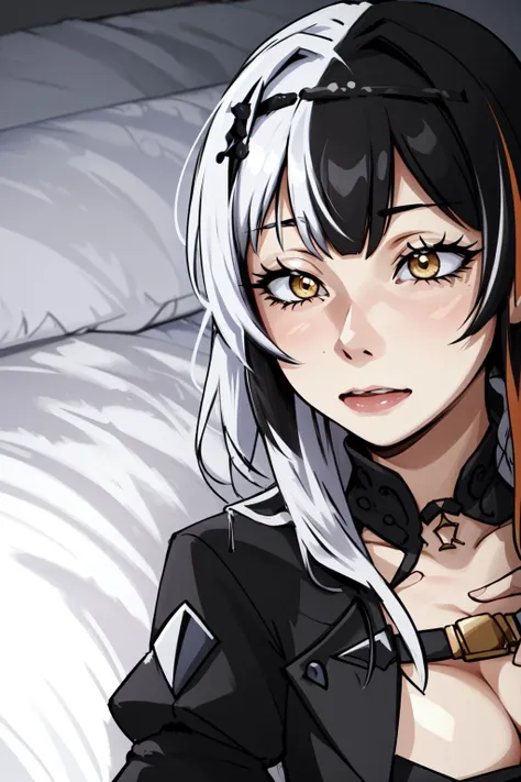 (masterpiece, best quality), intricate details,
1girl, <lora:KitsuneAi-ShioriNovella-LoCon32-V1-000011:0.8> long two-tone hair, , shiori_novella, black ddress, cleavage,
<lora:LimmyWakingUpMeme:1> IncrsLimmyWakingUpMeme