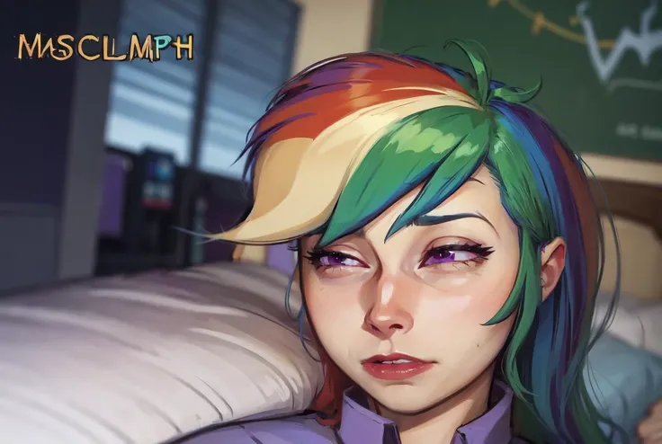 (masterpiece, best quality:1.2),solo, 1girl,(mlpdash:1.3), IncrsLimmyWakingUpMeme, rainbow hair, purple eyes, shirt, <lora:mlp_rainbowdash:0.8> <lora:LimmyWakingUpMeme:1>