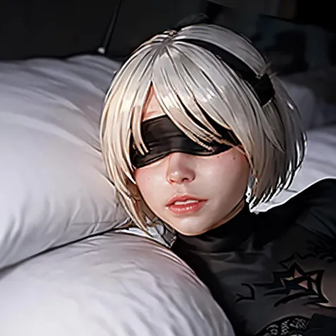 1girl, YoRHa No.2 Type B, 2B Nier Automata, missionary, vaginal, sex, cum in pussy, cum on breasts, on bed, on back, pov, identical eyes, Blue eyes, detailed eyes, penetration, eyes of the same color, beautiful hands, perfect hands, 1boy, penis, spread legs, mature woman, perfect female body, ultra detailed 8k cg, nsfw, narrow waist, on back, beautiful detailed eyes, bra, cleavage,  dick in pussy, blindfold (black), 